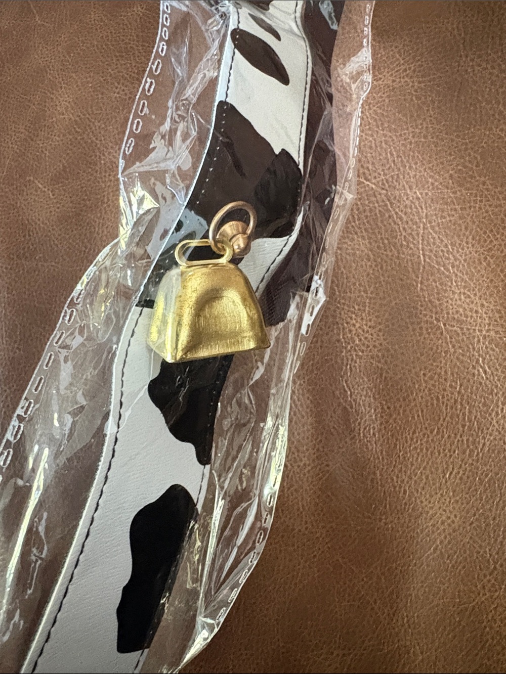 Cow-Print Bell Choker Necklace - Black & White with Gold Bell - Picture 3 of 6